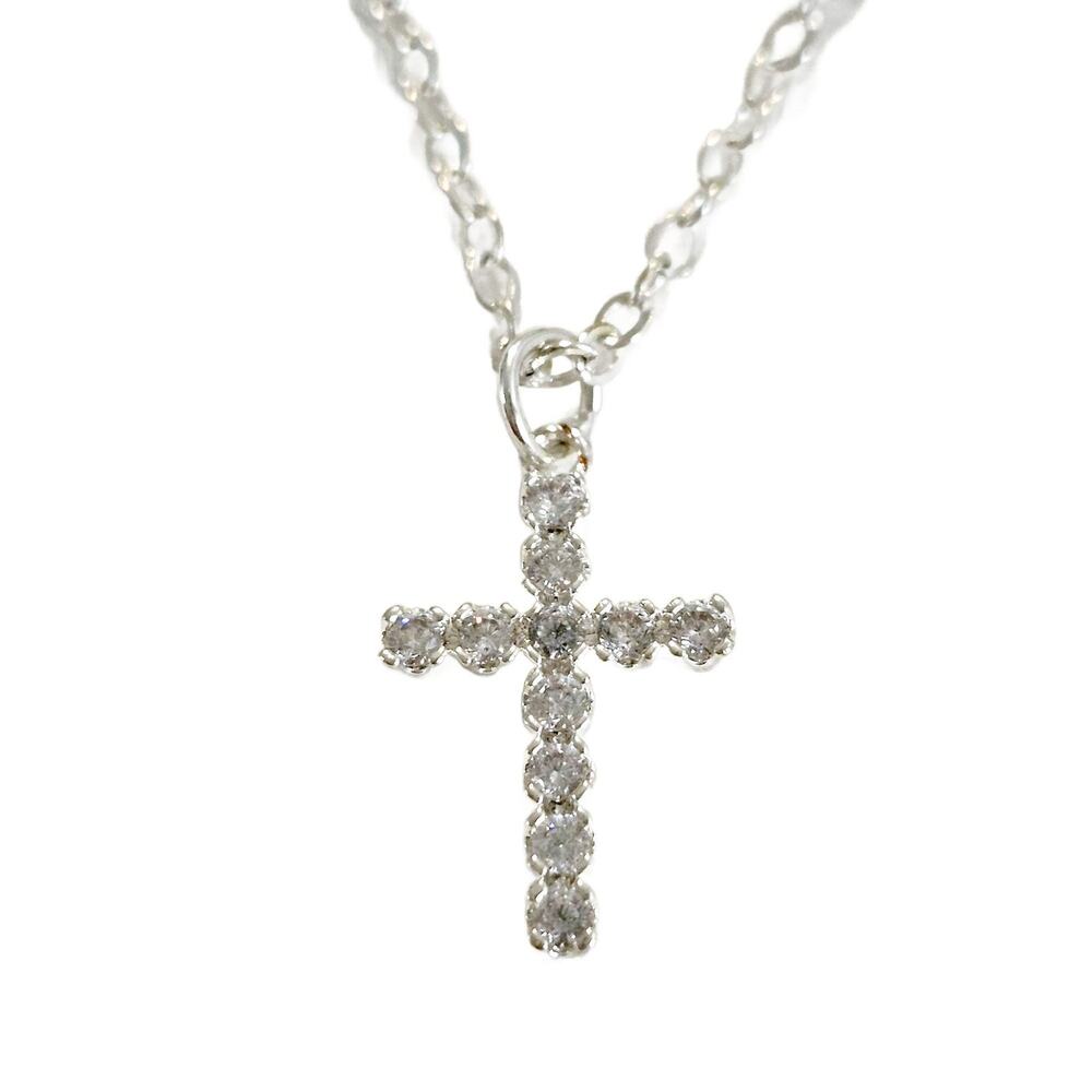 Vintage Dainty Silver Tone Crystal Cross Pendant Necklace